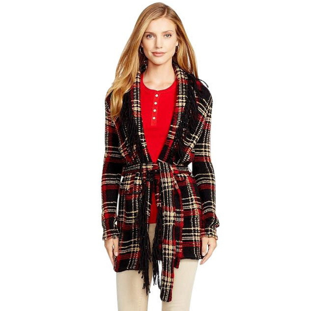 Plaid Wool Blend Long Fringe Belted Cardigan L